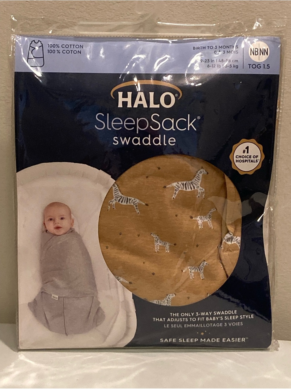 Halo SleepSack Swaddle 0-3 mo 6-12 lbs Mustard with Zebra Print Opened Pkg ~ NEW